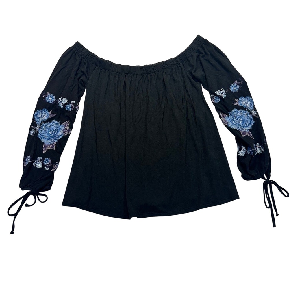 American Eagle Floral Embroidered Off Shoulder Top Black Blue Boho M 7SZQZQ01